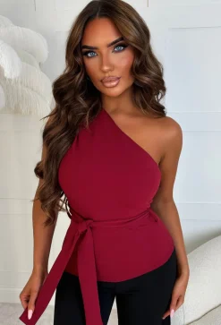 Alexandria Wine One Shoulder Tie Waist Top