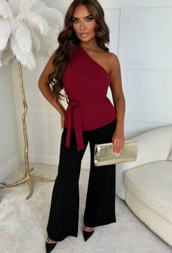 Alexandria Wine One Shoulder Tie Waist Top