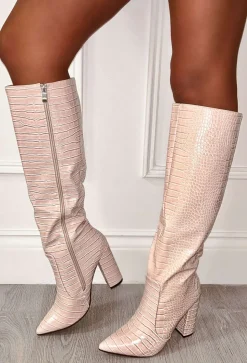 All You Want Cream Croc Effect Knee High Block Heel Boots