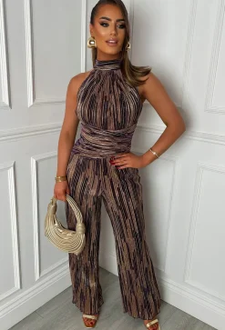 Amina Purple Foil Plisse Halter Neck Jumpsuit