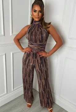Amina Purple Foil Plisse Halter Neck Jumpsuit
