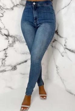 Authentic Chic Mid Blue Stretch Skinny Plain Front Jeans