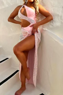Bali Queen Baby Pink Knot Detail Sequin Maxi Skirt Cover Up