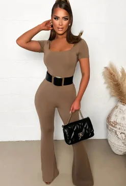Bashful Babe Taupe Square Neck Flared Leg Jumpsuit