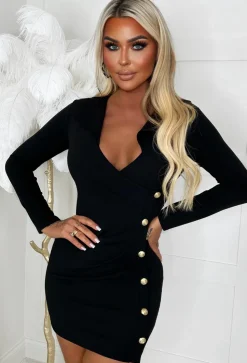 Be Designer Black Gold Button Long Sleeve Blazer Mini Dress