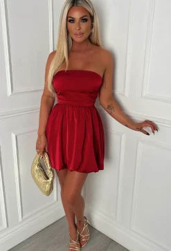 Belle Of The Ball Red Satin Bandeau Puffball Dress