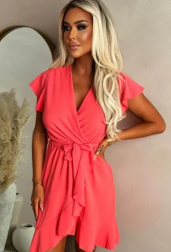 Best Believe It Coral Wrap Front Frill Sleeve Mini Dress