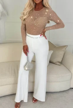 Britney Nude Long Sleeve Sheer Embellished Bodysuit