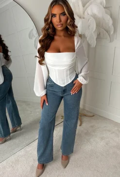 Bryony White Long Sleeve Stretch Corset Top