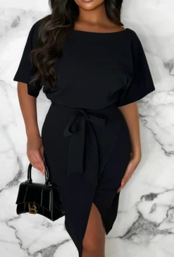 Came Here For Love Black Belted Wrap Front Midi Dress