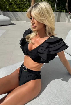 Caribbean Black Ruffle Detail Bikini With Mock Belt High Waist Brief