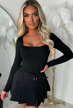 Cecile Charcoal Grey Pin Stripe Belted Pleated Skort