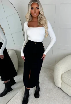 Celine Black Stretch Maxi Button Front Denim Skirt