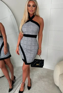 Check Me Out Grey Checked Contrast Band Halter Neck Dress