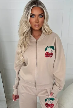 Cherie Beige Cherry Embroidered Loungewear Set