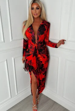 Chic Goddess Multi Printed Plunge Ruched Long Sleeve Midi Dress