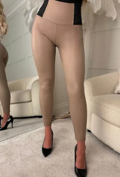 Cinched Days Taupe Faux Leather Waist Cinching Trousers