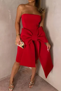 Classy Dream Red Bandeau Bow Skirt Midi Dress