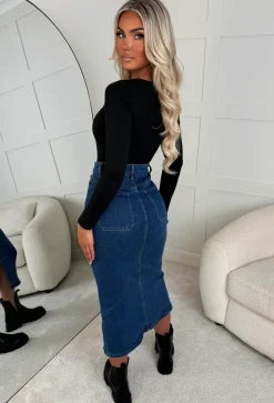 Colette Mid Blue Stretch Maxi Button Up Denim Skirt