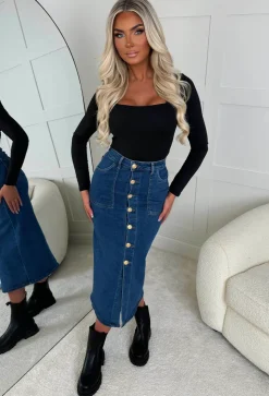 Colette Mid Blue Stretch Maxi Button Up Denim Skirt