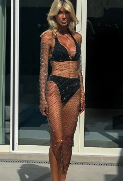 Crave The Spotlight Black Embellished Net Midi Cover Up