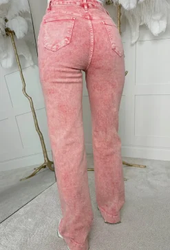 Denim Design Pink Stretch Wide Leg Washed Jeans