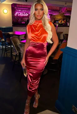 Desirable Luxe Hot Pink Colour Contrast Stretch Satin Ruched High Neck Midi Dress