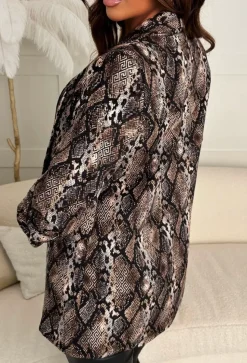 Divine Memory Natural Shawl Neck Ruched Sleeve Snake Print Blazer