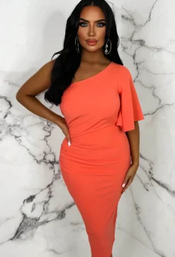 Dream Of Romance Coral One Shoulder Ruched Detail Midi Dress