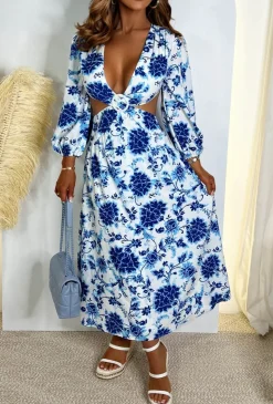 Dream of Santorini Blue Porcelain Print Cut Out Midi Dress