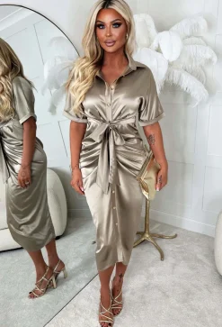 Elegant Luxury Taupe Stretch Satin Button Ruched Midi Dress