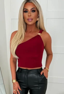 Femme Fling Burgundy Gold Detail One Shoulder Ruched Stretch Top