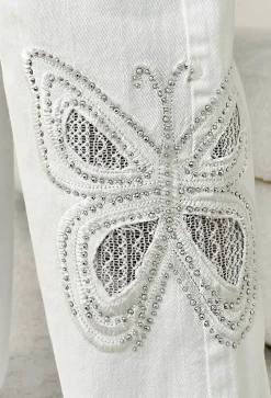 Flutter Effect White Butterfly Sparkling Stretch Straight Leg Jeans