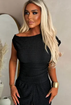 Forbidden Flame Black Ruched Shoulder Top