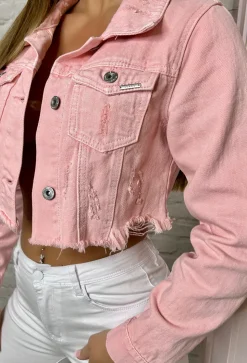 Frayed To See You Pink Frayed Cropped Denim Jacket