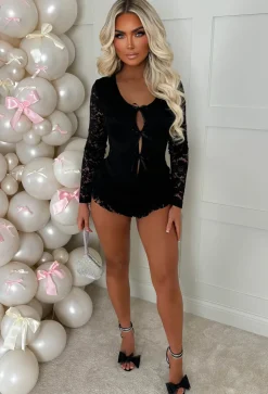 French Fancie Black Frilly Bow Front Backless Playsuit