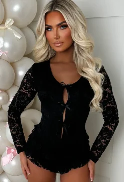 French Fancie Black Frilly Bow Front Backless Playsuit