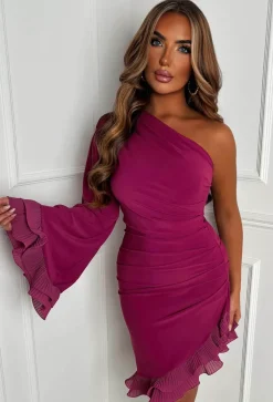 Frilled Senorita Plum One Sleeve Ruched Frill Hem Mini Dress