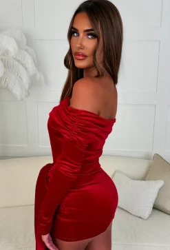 Ginny Red Velvet Tie Front Off The Shoulder Mini Dress