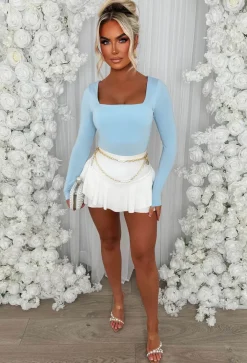 Girl Like Me Light Blue Square Neck Long Sleeve Bodysuit