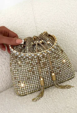 Glam Charm Gold Crystal Bucket Bag