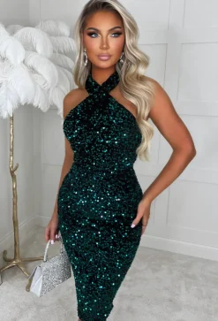 Glitzy Glamour Green Halterneck Sequin Dress