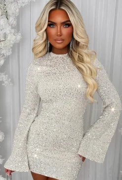 Golden Hour Glam White Long Sleeve Sequin Mini Dress