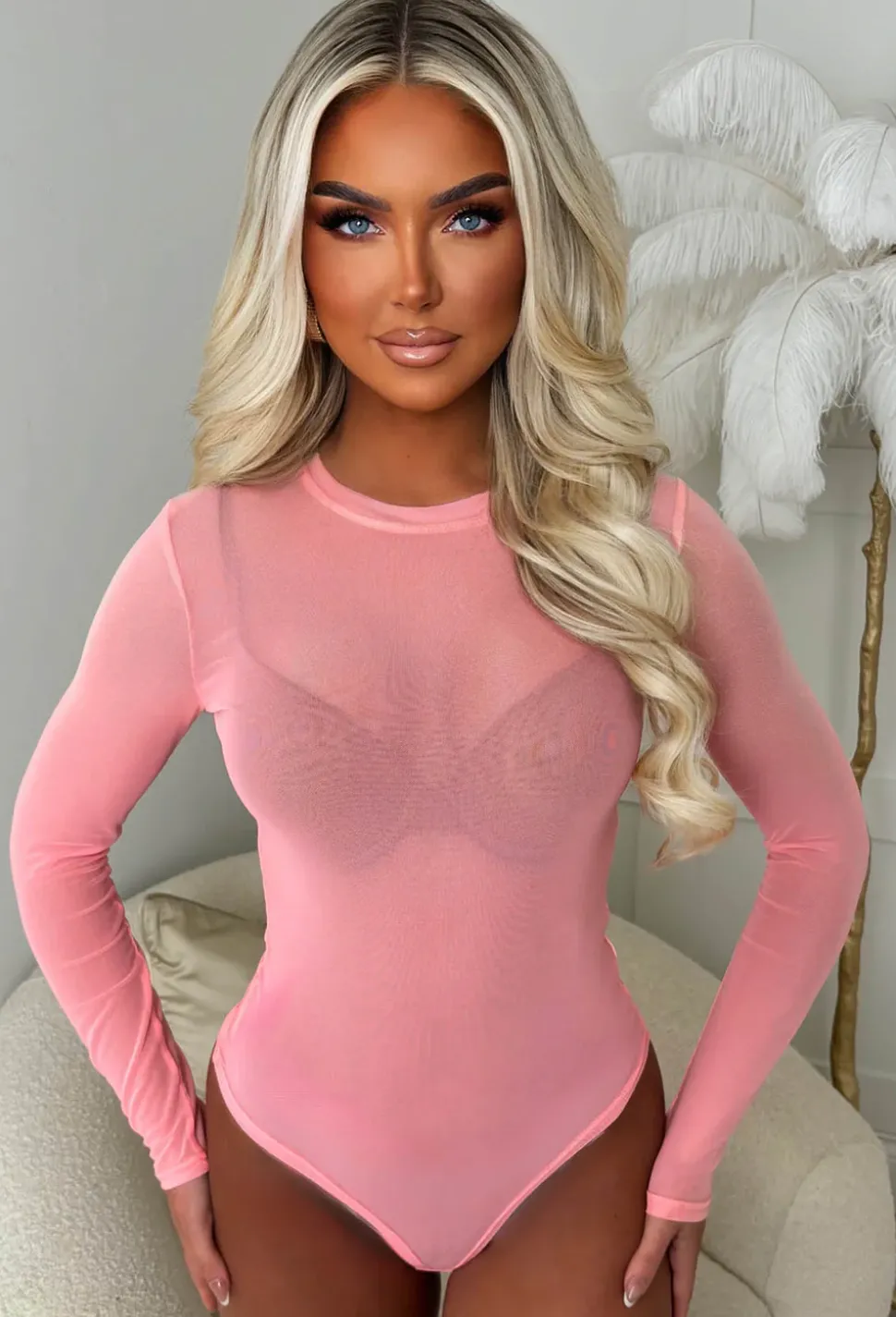 Hard To Miss Coral Sheer Mesh Bodysuit
