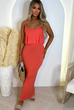 Heatwave Coral Super Soft Comfort Jersey Frill Maxi Dress