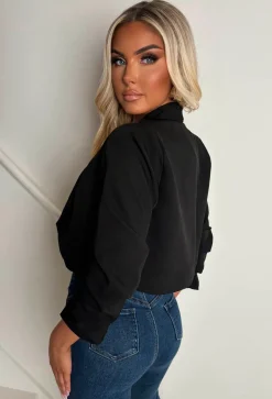 Iconic Black Shawl Neck Ruched Sleeve Cropped Blazer