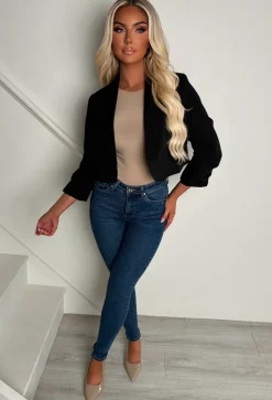 Iconic Black Shawl Neck Ruched Sleeve Cropped Blazer