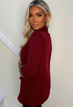 Iconic Chic Cherry Red Shawl Neck Contrast Leopard Trim Blazer