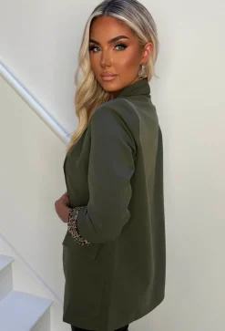 Iconic Chic Khaki Shawl Neck Contrast Leopard Trim Blazer