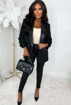Iconic Illusion Black Faux Leather Trim Shawl Neck Ruched Sleeve Blazer